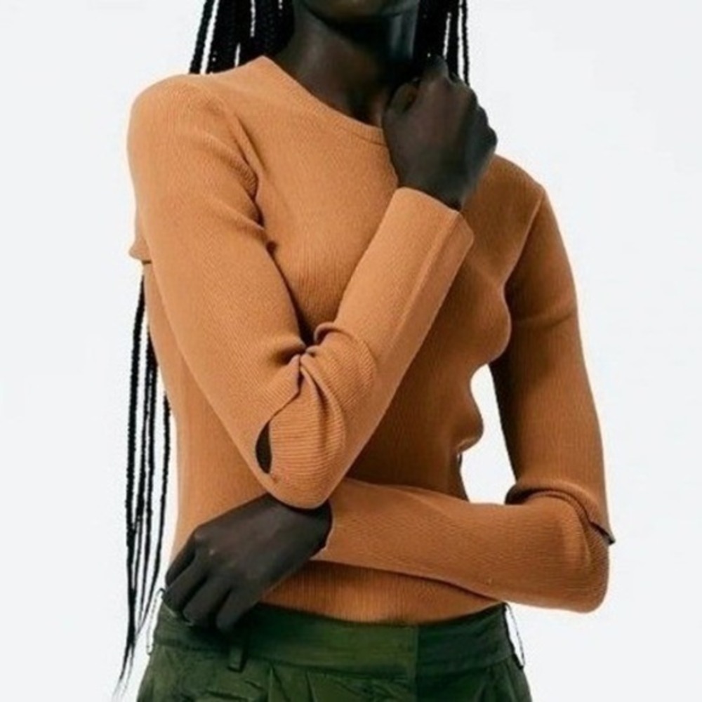 Tibi‎ Giselle Slash Cutout Crewneck Pullover XS Brown Ribbed Modern Minimalist